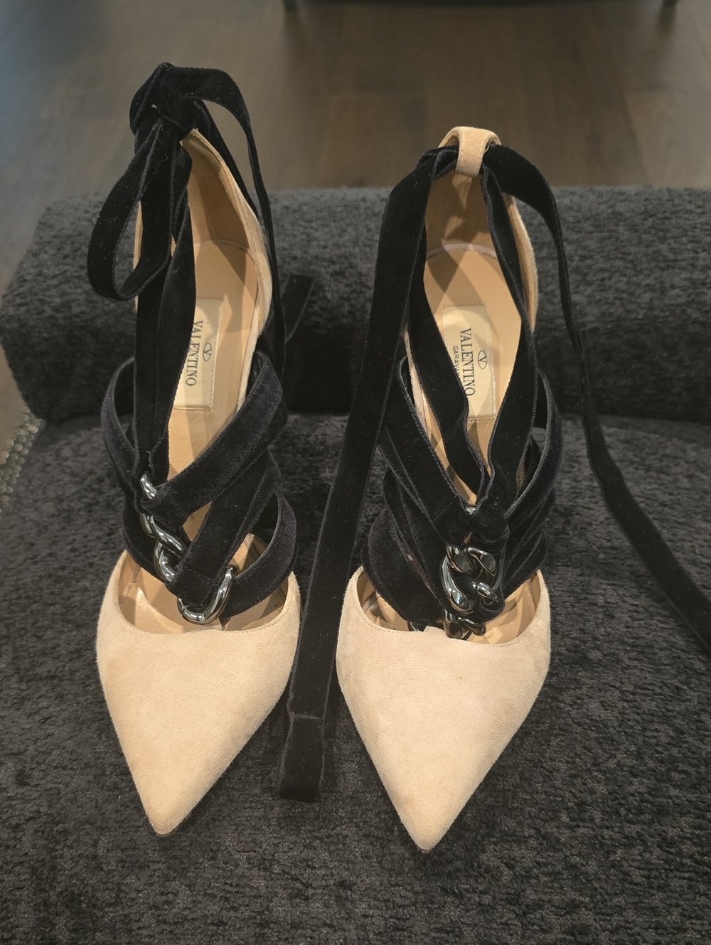 Valentino Two-Tone Pointed Toe Lace-Up Pumps in Black and Beige